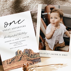 SEDONA First Birthday Invitation Template, Arizona Watercolor Skyline Birthday Party Invite, One Great Adventure Utah Desert Invite