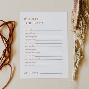 Afdrukbare kaart MIA Wishes for Baby, babyadvies en wensen verbrand oranje, goede wensen voor baby terracotta Minimalistische babyshowergames DIY