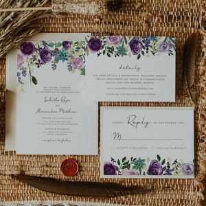 OLIVIA Succulent Wedding Invitation Suite Templates, Purple Wedding Invitation, Boho Wedding Invites, Desert Wedding Invitation Templett image 1