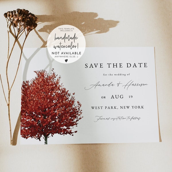 WREN Red Maple Save the Date Template, Fall Save the Date, Tree Save the Date, Maple Tree Save the Date, Autumn Save the Date Instant DIY