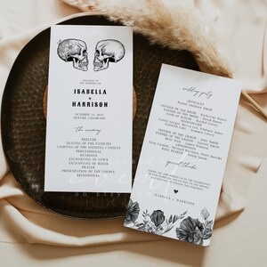 NOVA Skull Wedding Program Template, Gothic Wedding Program, Halloween Wedding Program, Vintage Black Floral Order of Service Autumn Fall