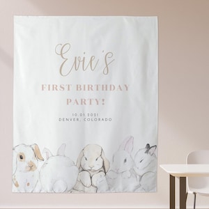 Bunny First Birthday Photo Backdrop, Some Bunny 1st Birthday Party Large Tapestry Banner, Girl Cute Rabbit Pastel Birthday Banner Sign EVIE