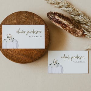 Pumpkin Place Card Template, Fall Place Card, Autumn Wedding Place Cards Printable, Table Name Card, Greenery White Pumpkin Escort Card TERA