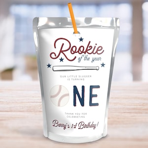 Baseball Birthday Juice Pouch Sticker Template, Rookie of the Year Birthday Party Favors, Baseball First Birthday Party Tag BARRY