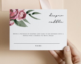 Monet - Tarjeta de rifa de pañales para baby shower con flores rosas, boleto de rifa de pañales para baby shower de niña, inserto imprimible de rifa de pañales con flores malva