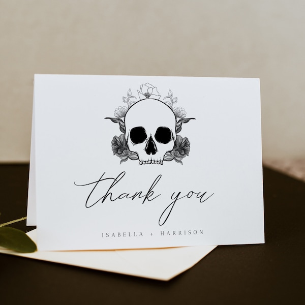 NOVA Skull Thank You Card, Black Floral Thank You Card Printable, Gothic Wedding Thank You, Halloween Wedding Thank You, Shower Thank You