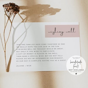 JALAINE Modern Blush Wedding Wishing Well Card Template, Cartões Wishing Well, Chá de panela Wishing Well, Cartão Wishing Well rosa para impressão