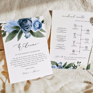 MILENAWedding Timeline Template, Dusty Blue Wedding Welcome Letter, Blue Floral Welcome Bag Letter, Slate Blue Wedding Schedule Instant DIY