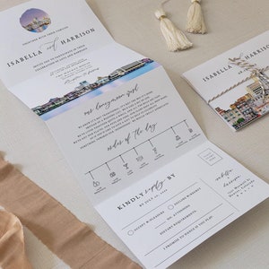 SAVANNAH GEORGIA Watercolor Skyline Accordion Concertina All-In-One Wedding Invitation Template, Savannah Adventure Destination Themed