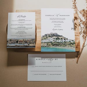 Suite di modelli per inviti di nozze RHODES, invito di nozze Grecia, invito di nozze con foto acquerello Rodi, set di inviti di nozze greci