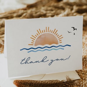Modelo de cartão de agradecimento de surfe, cartão de agradecimento tropical para impressão, nota de agradecimento de pôr do sol no oceano em aquarela, cartão de agradecimento de praia faça você mesmo OCEANSIDE