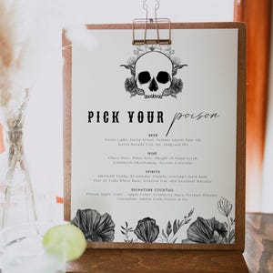 Bar Menu Sign Template, Pick Your Poison Sign, Drink Menu Printable, Skull Wedding Bar Menu. Halloween Bar Menu, Gothic Wedding Menu - NOVA