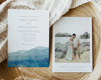 ADRIAN Ocean Wedding Invitation Template, Blue Watercolor Wedding Invitation, Beach Wedding Invite, Tropical Photo Wedding Invitation DIY