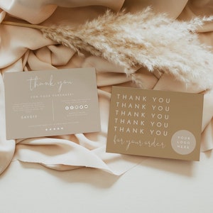 May include: Two thank you cards with a beige background and white text. The first card says "thank you for your purchase" and has a section for leaving a review. The second card says "thank you" six times and "for your order". There is a space for a logo at the bottom of the card.