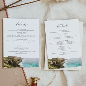 BIG SUR Wedding Details Card Template, Watercolor California Coastline Wedding Directions Card, Accommodations Enclosure Card Instant DIY