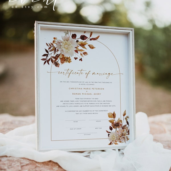 TALIA Boho Marriage Certificate Template, Fall Wedding Marriage Certificate, Bohemian Arch Wedding Vow Keepsake, Autumn Floral Rustic DIY