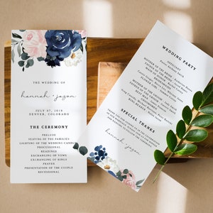 CADENCE Blush and Navy Wedding Program Template, Navy and Blush Floral Wedding Program Printable, Wedding Program Instant Download Templet