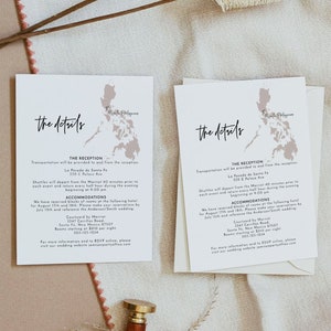 Plantilla de invitación de boda de Filipinas de QUINN, instrucciones de boda con mapa ruborizado EDITABLE, destino de boda con temática de isla de viaje