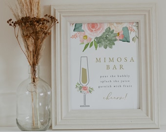 FINLEY Blush Floral Succulent Mimosa Bar Sign Template, Instant Download Mimosa Signs, Champagne Sign Printable, Succulent Bridal Shower