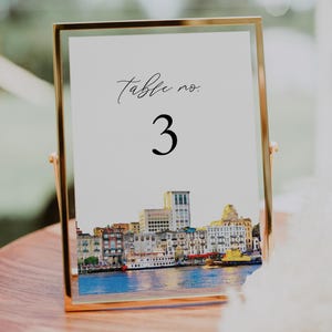 SAVANNAH Georgia Aquarell Skyline Hochzeit Tischnummer Karte Druckbare Vorlage, Savannah City Skyline Hochzeit Beschilderung, Ziel Hochzeit