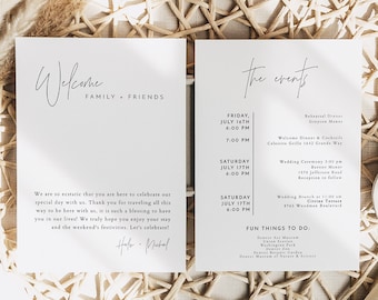 Plantilla de tarjeta de eventos de boda minimalista BLAIR, itinerario de boda moderno para bolsa de bienvenida, calendario de eventos boho imprimible HARLOW