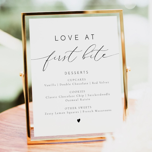 Minimalistisches Dessert Tischschild Vorlage, Elegante Liebe auf den ersten Biss Zeichen, Cupcake Geschmacksrichtungen Zeichen druckbar, Süßigkeiten Tischschild VALENTINA