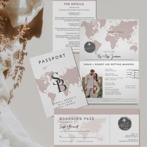 Plantillas de invitación de boda con diseño de pasaporte, conjunto de invitaciones de boda con temática de viajes, invitación de boda de aventura, tarjeta de embarque con diseño de mapa ruborizado - QUINN
