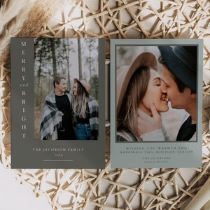 NINA Modern boho saliegroen afdrukbare sjabloon kerstkaart met foto