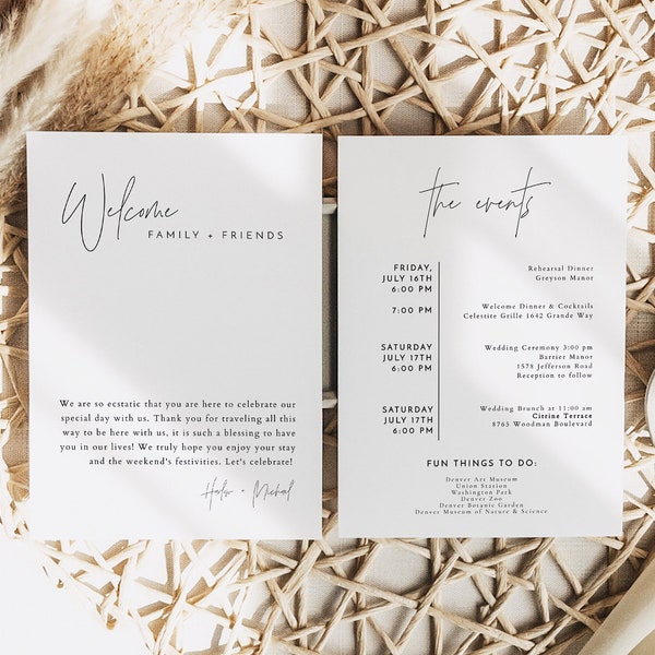 BLAIR Minimalist Wedding Events Card Template, Modern Wedding Itinerary for Welcome Bag, Boho Schedule Of Events Printable HARLOW