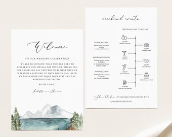 CLOVER Mountain Wedding Welcome Letter and Itinerary Template, Mountain Lake Welcome Card, Bohemian Wedding Timeline, Boho Wedding Welcome