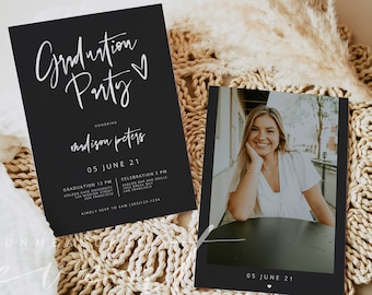 PRIYA Graduation Invitation Template, Photo Graduation Invite, Modern Edgy Black Graduation Invitation with Picture, Industrial Party DIY