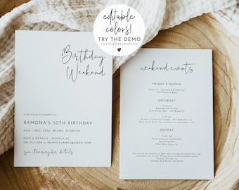 ADELLA Minimalist Birthday Invitation Template, Modern Birthday Weekend Itinerary Template, Birthday Weekend Invitation, Text Evite Instant