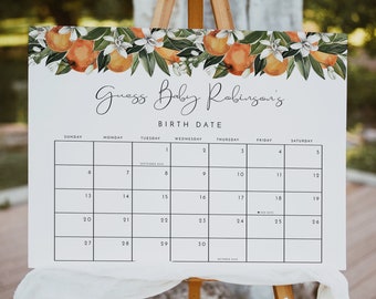 Little Cutie Baby Due Date Calendar Game, Tangerine Guess The Due Date Calendar, Orange Citrus Baby Shower Prediction Sign Instant CALLIOPE