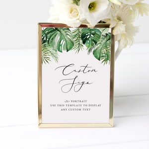 Plantilla de letrero de boda tropical, letrero de boda personalizado de 5 x 7, letreros de boda en la playa personalizados, paquete de letreros de boda con hojas de palma, plantilla imprimible CORA