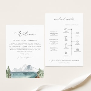 Modelo de carta de boas-vindas e itinerário para casamento na montanha CLOVER, cartão de boas-vindas para o lago Mountain, cronograma de casamento Boho, boas-vindas para casamento Boho