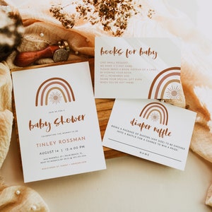 TINLEY Baby Shower Invitation Template Suite, Rainbow Baby Shower Invite, Boho Sun Baby Shower Invitation, Burnt Orange Terracotta Baby Set