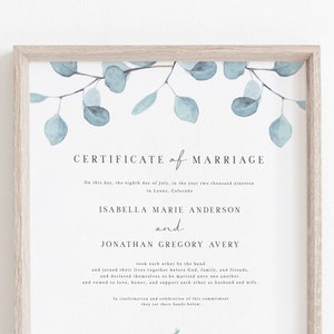 Plantilla de certificado de matrimonio de eucalipto ARYA, votos matrimoniales de eucalipto, certificado de matrimonio imprimible, descarga instantánea, boda con vegetación