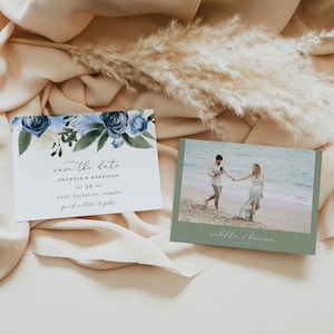 Modelo de reserva de data floral azul-poeira MILENA, cartão postal de reserva de data para casamento no inverno, cartão de reserva de data para casamento cobalto para impressão faça você mesmo