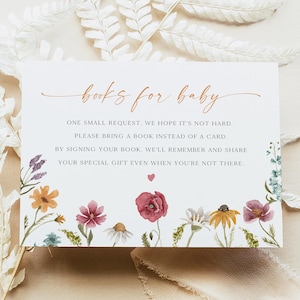 CAMILLA wilde bloemenboeken voor babykaart, bloemen babyshower insteekkaart, breng een boek mee in plaats van kaart, boho wilde bloemenmeisje babyshower DIY