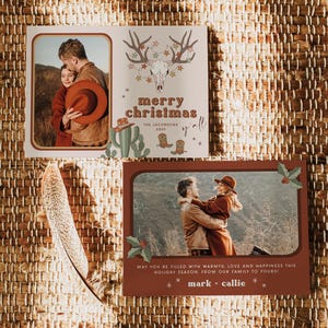 COLT Merry Christmas Y'all Retro Longhorn Cowboy foto kerstkaart afdrukbare sjabloon, rustieke kerstkaarten, landelijke kerstkaarten
