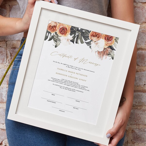 KINSLEY Terracotta Wedding Marriage Certificate Template, Tropical Wedding Certificate of Marriage, Beach Handfasting Certificate Instant