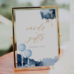 Blauer Ballon Baby Shower Karten und Geschenke Schild Vorlage, Junge Baby Shower Geschenk Tischschild druckbar, dunkelblaues Aquarell Kartenschild DIY STELLA
