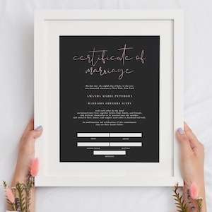 Plantilla de certificado de matrimonio de boda en oro rosa y negro, certificado de matrimonio moderno, certificado de matrimonio romántico DIY - IRA
