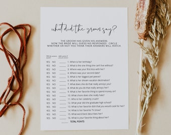 ADELLA Minimalist What Did The Groom Say Bridal Shower Game Template, Bridal Shower Games Instant Download, Shower Games Printable,