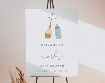 Plantilla de letrero de bienvenida para baby shower de ANDI, letrero imprimible de "Botella de vino" para baby shower, póster imprimible de champán y leche para baby shower azul.