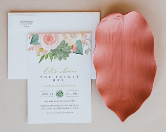 FINLEY | Succulent Bridal Shower Invitation Template, Peach Bridal Shower Invite, Blush Floral Bridal Shower Invite, Desert Bridal Shower