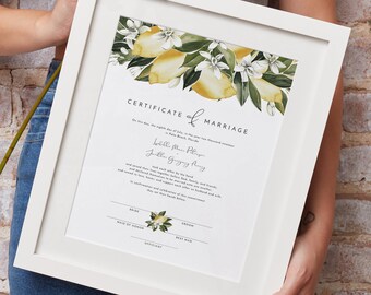 DAHLIA Lemon Wedding Marriage Certificate Template, Citrus Wedding Certificate of Marriage, Tropical Fruit Handfasting Certificate Instant