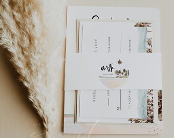 SOPHIA aquarel strand bruiloft uitnodiging buik band sjabloon, band voor oceaan huwelijksuitnodiging, tropische bruiloft suite wrap instant DIY