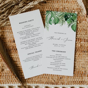 Tropical Palm Wedding Program Template, Beach Wedding Program Printable Instant Download, Beach Wedding Program Editable Templates CORA