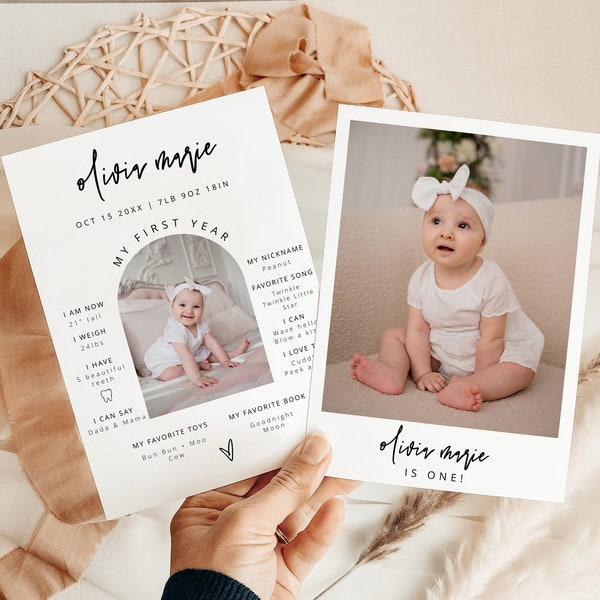 Modern Minimalist First Birthday Baby Milestone Card Template 5x7" Arch Photo Year Of Firsts Printable MARLO